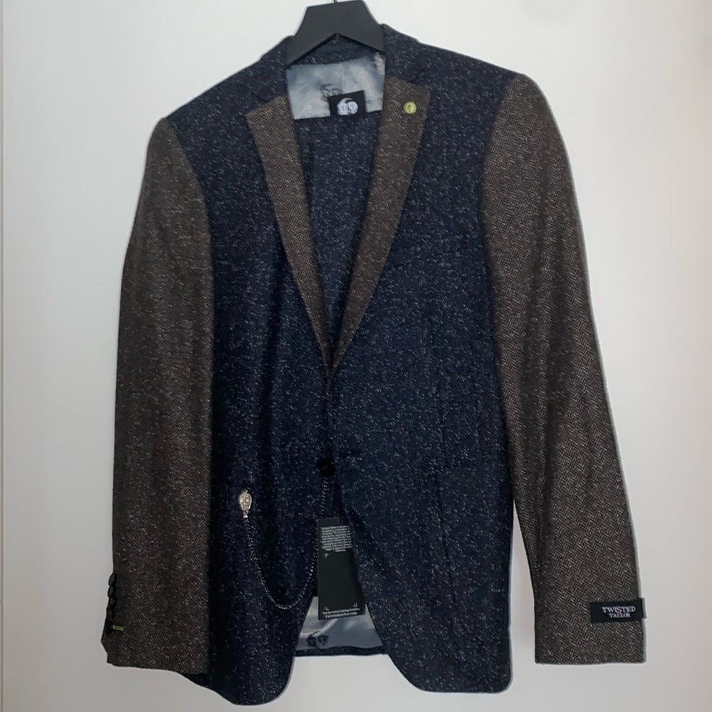 Twisted Tailor herringbone 2 color Navy Blue, Brown 38R jacket 32 waist pants.